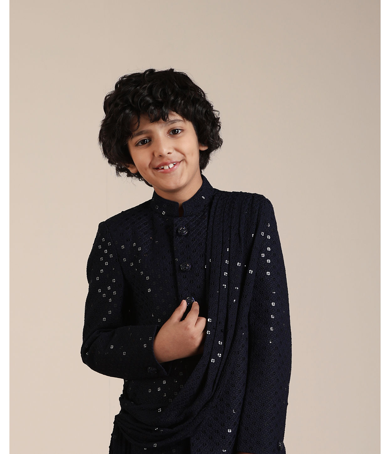 alt message - Manyavar Boys Boys Dark Blue Sequined Chikankari Indo Western Set image number 0